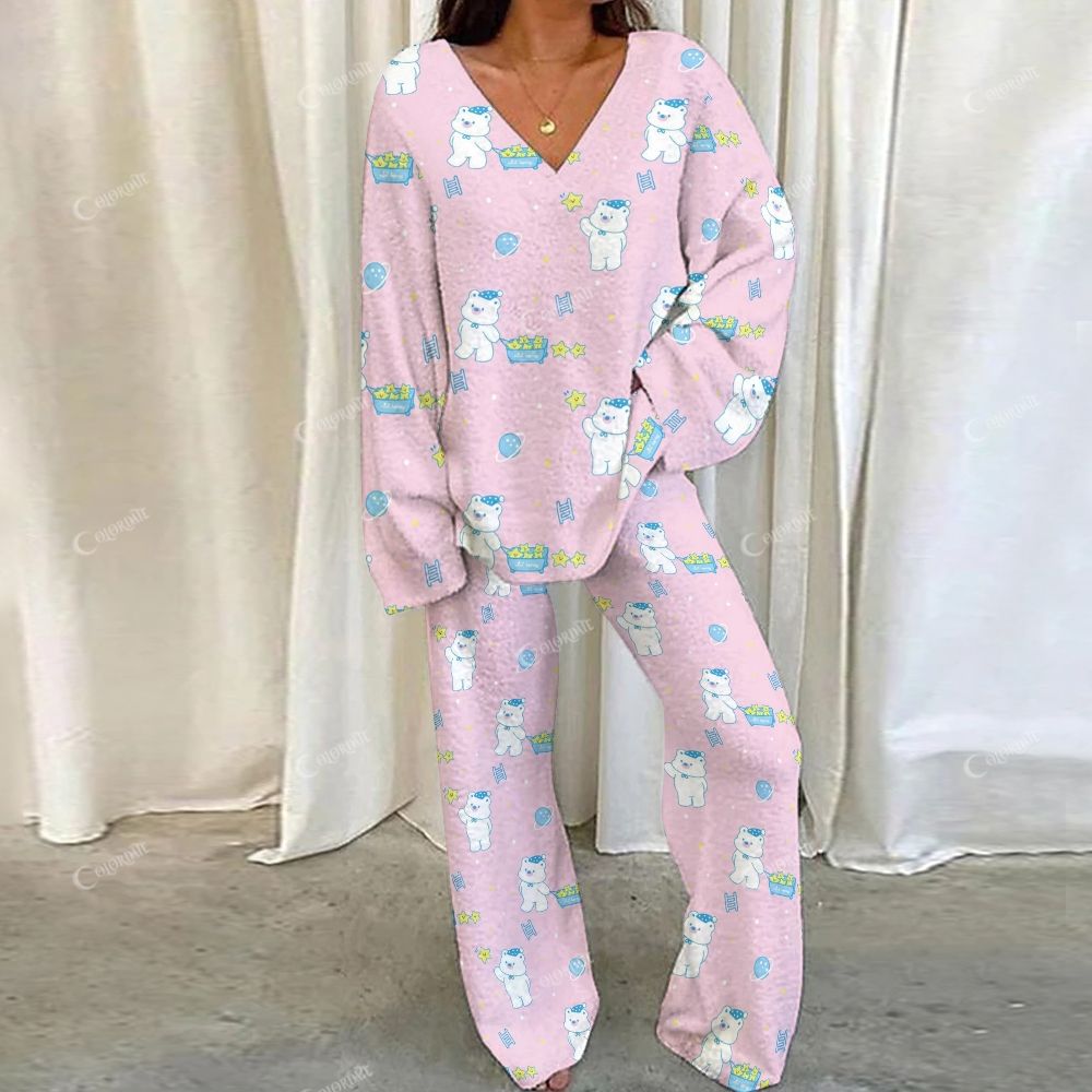Colordate Bear Print Loungewear Set For Women