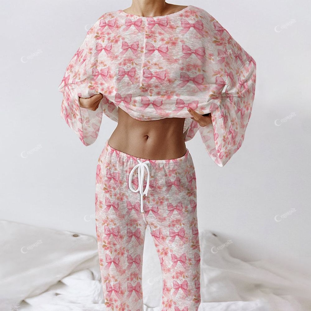 Colordate Women's Pink Bow Print Long Sleeve Cotton Homewear Set