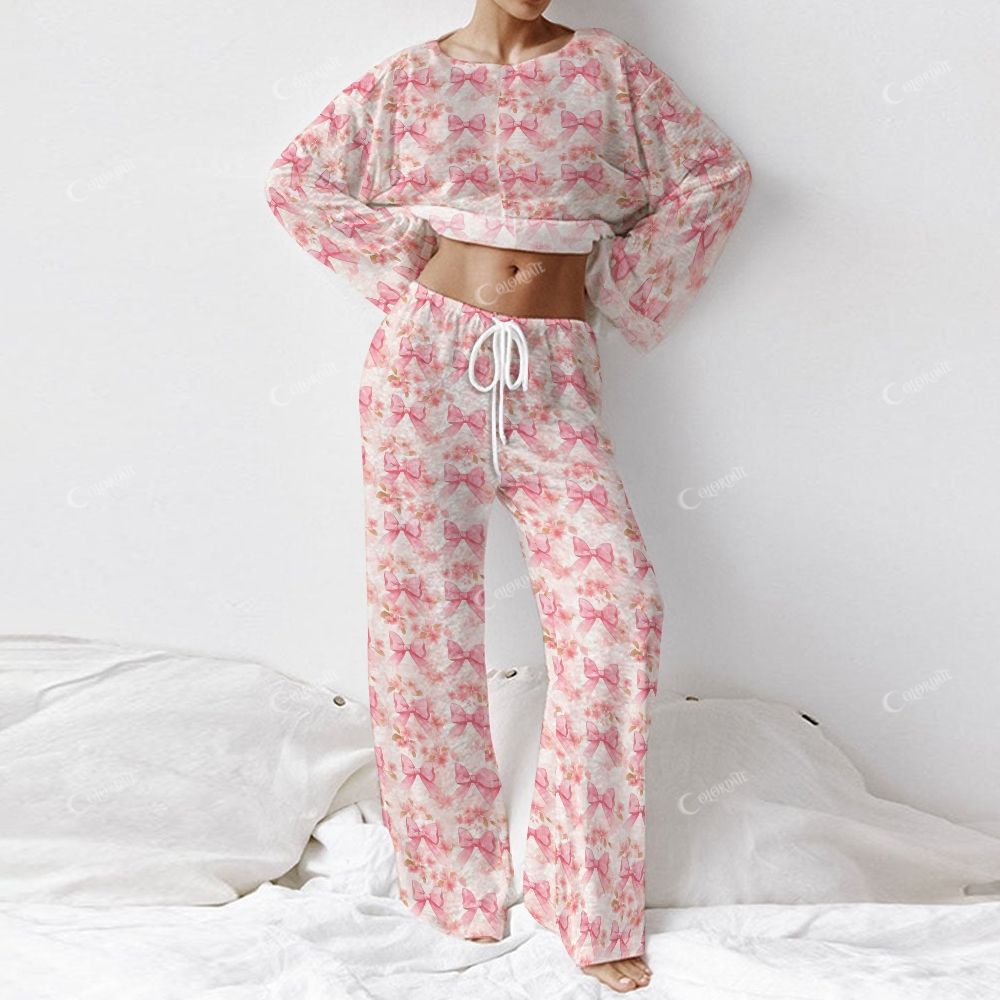 Colordate Women's Pink Bow Print Long Sleeve Cotton Homewear Set