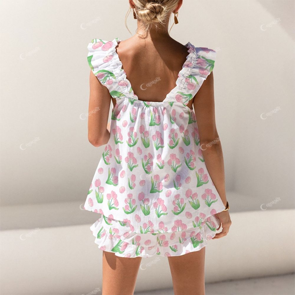 Colordate Tulip Print Short Tank Top Shorts Pajama Set