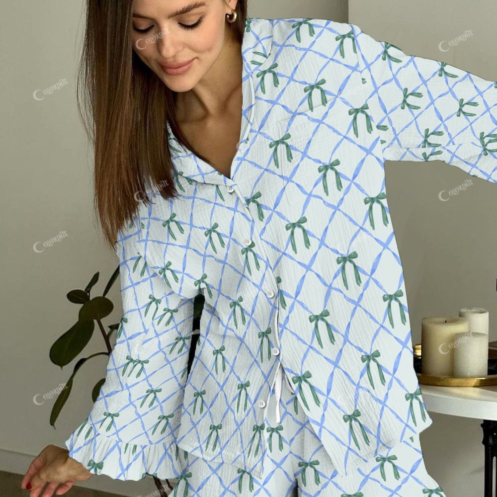 Colordate Women's Green Bow Vintage Printed Linen Cotton Suit