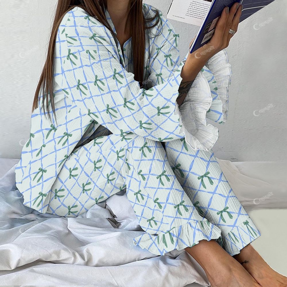Colordate Women's Green Bow Vintage Printed Linen Cotton Suit