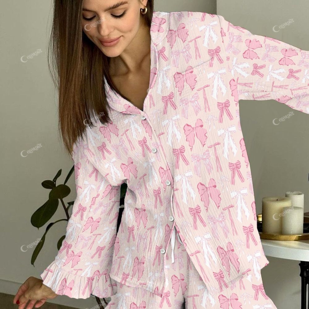 Colordate Women's Pink Bow Vintage Printed Linen Cotton Suit