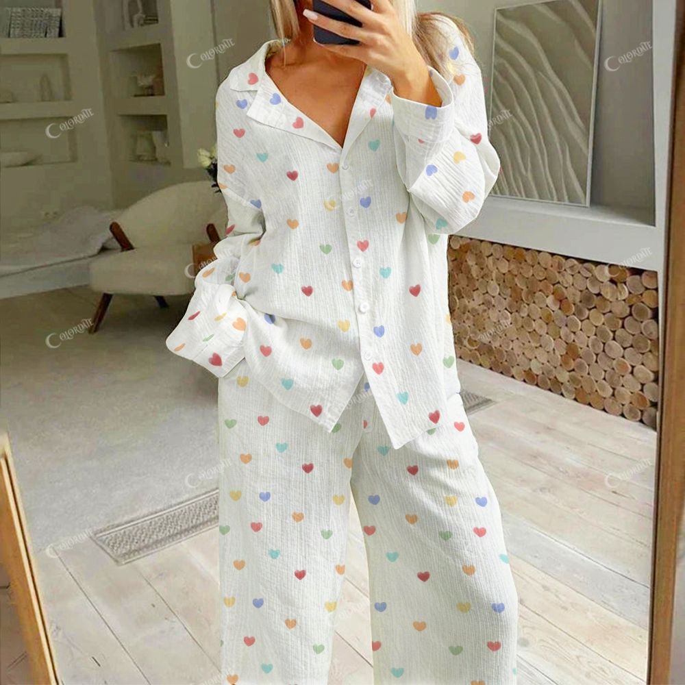 Colordate Blissful Hearts Women's Colorful Hearts Print Cotton Cardigan Homewear Set