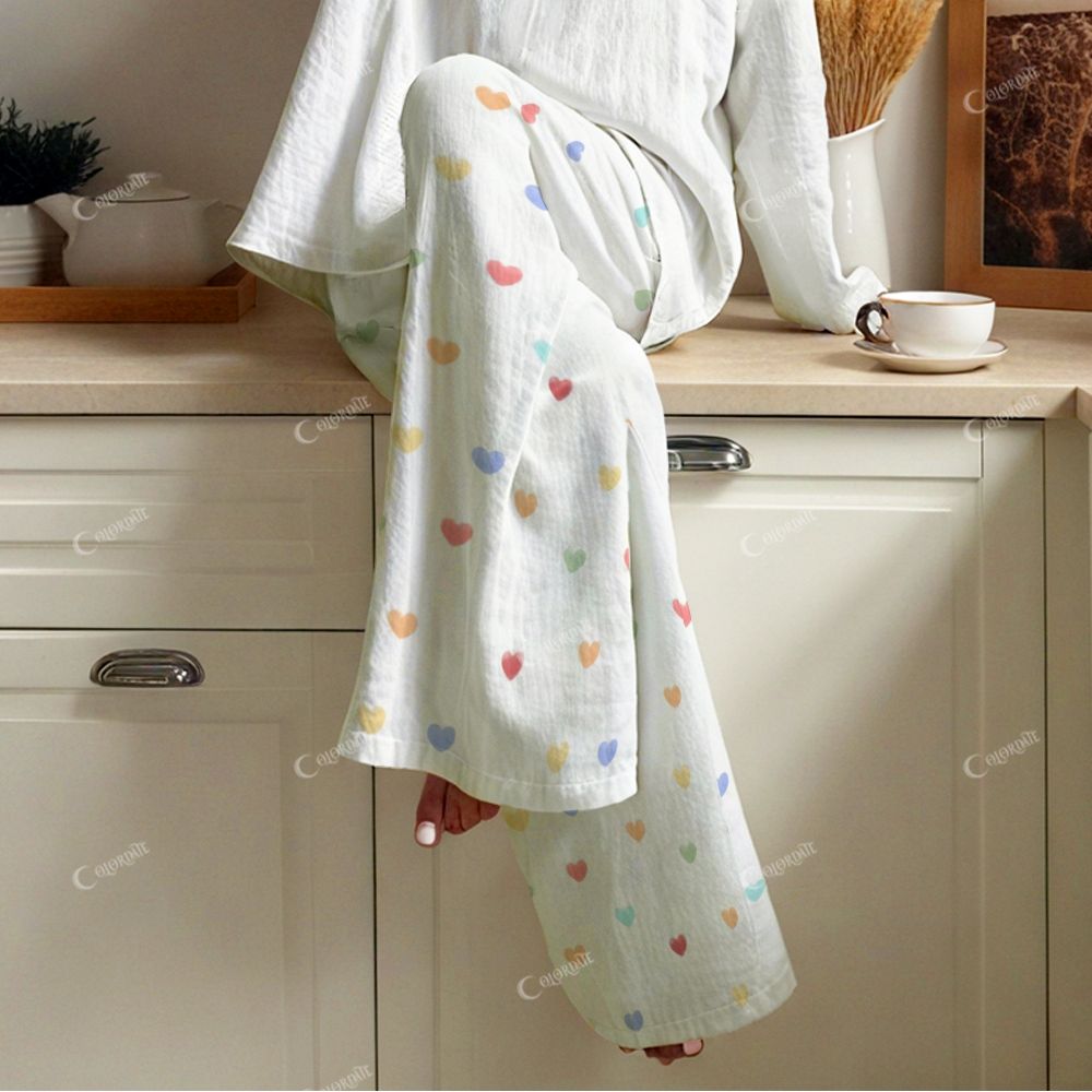 Colordate Blissful Hearts Women's Colorful Hearts Print Cotton Cardigan Homewear Set