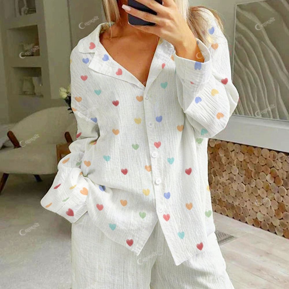 Colordate Blissful Hearts Women's Colorful Hearts Print Cotton Cardigan Homewear Set