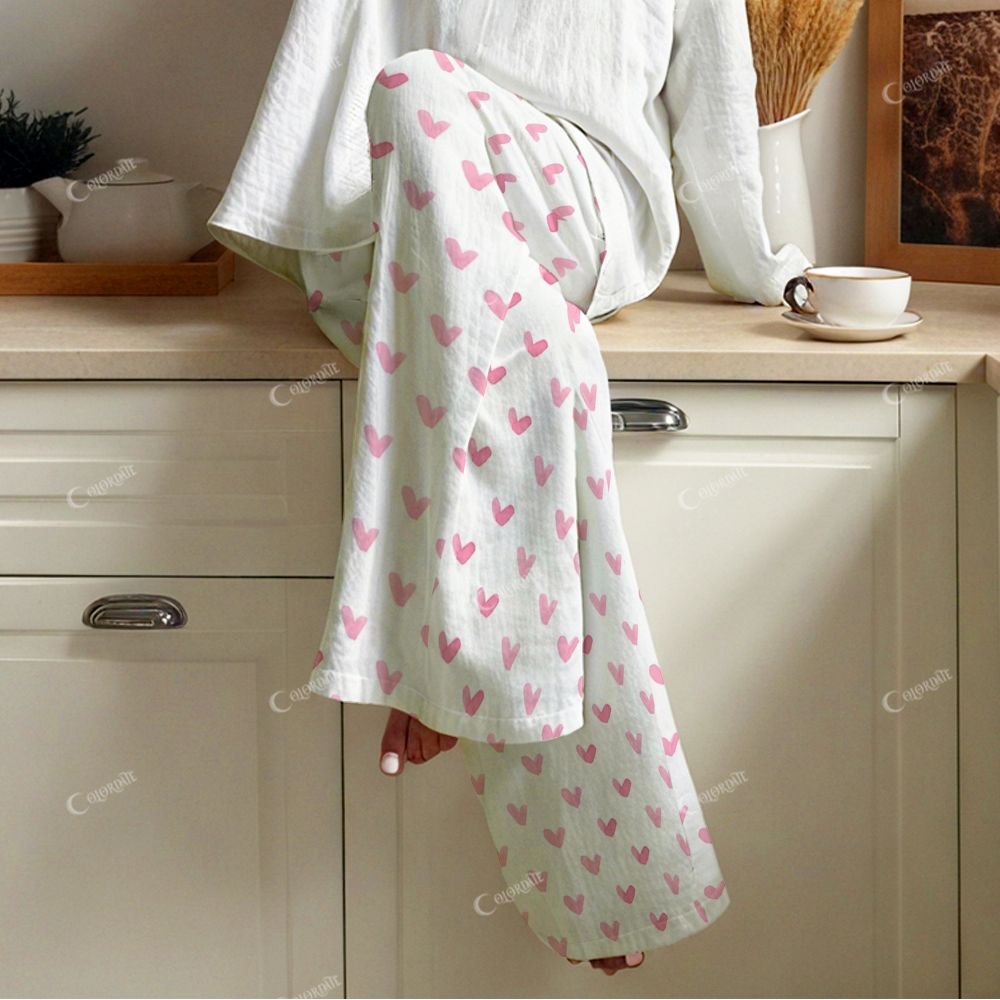 Colordate Sweetheart Dreams Women's Pink Heart Print Cotton Cardigan Homewear Set