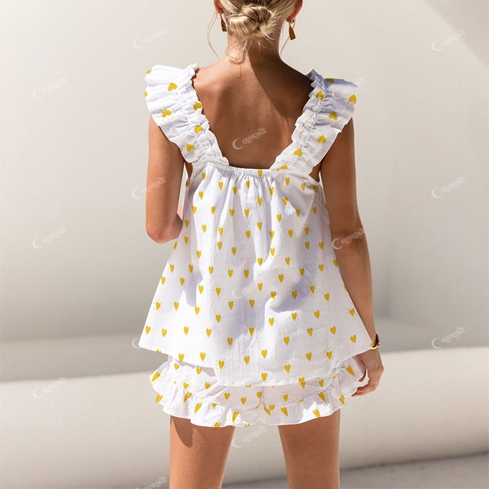 Colordate Yellow Heart Print Short Tank Top Shorts Pajama Set
