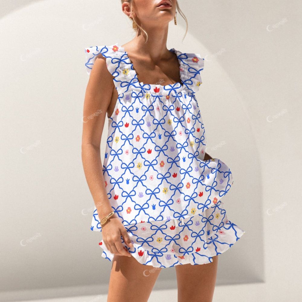 Colordate Blue Bow Print Short Tank Top Shorts Pajama Set
