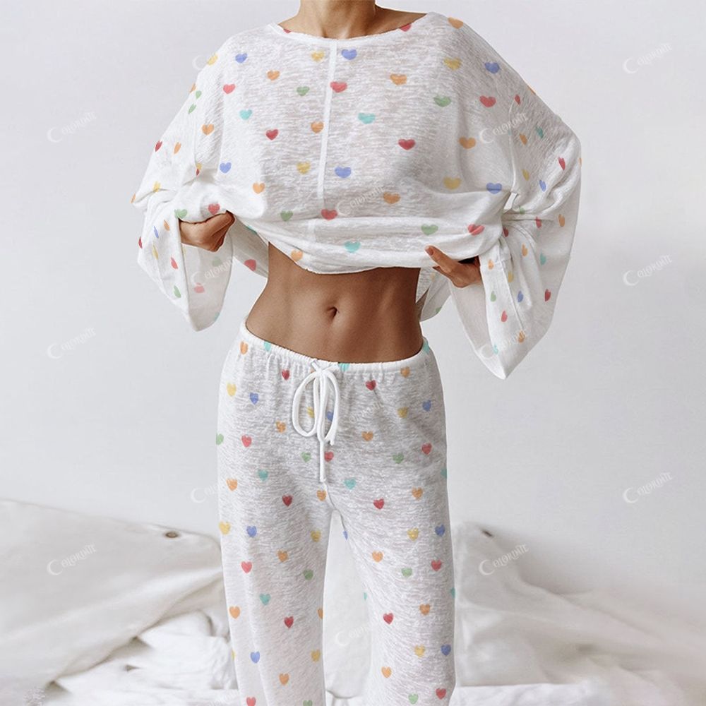 Colordate Blissful Hearts Women's Colorful Heart Print Long Sleeve Cotton Homewear Set