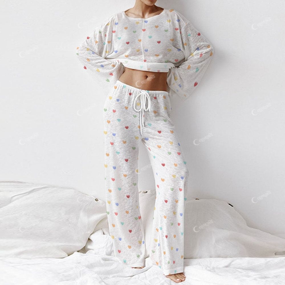 Colordate Blissful Hearts Women's Colorful Heart Print Long Sleeve Cotton Homewear Set