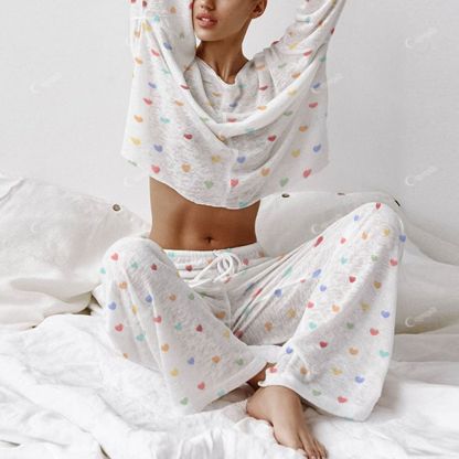 Colordate Blissful Hearts Women's Colorful Heart Print Long Sleeve Cotton Homewear Set