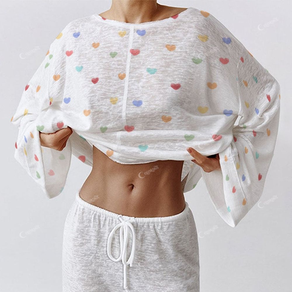 Colordate Blissful Hearts Women's Colorful Heart Print Long Sleeve Cotton Homewear Set
