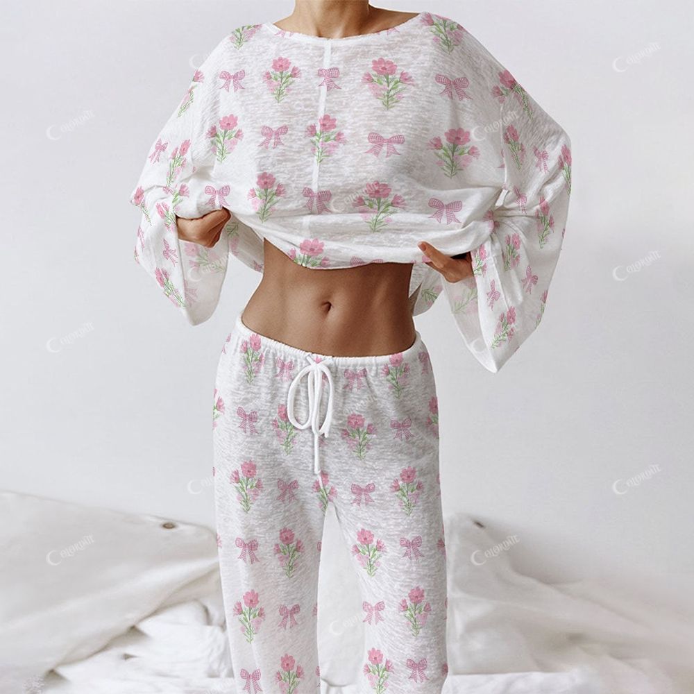 Colordate Love Whisper Women's Bows And Flower Prints Long Sleeve Cotton Homewear Set