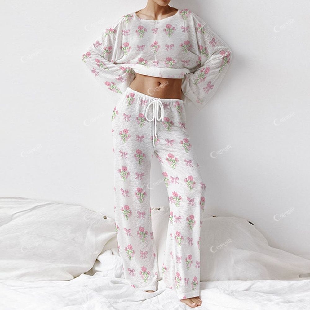 Colordate Love Whisper Women's Bows And Flower Prints Long Sleeve Cotton Homewear Set