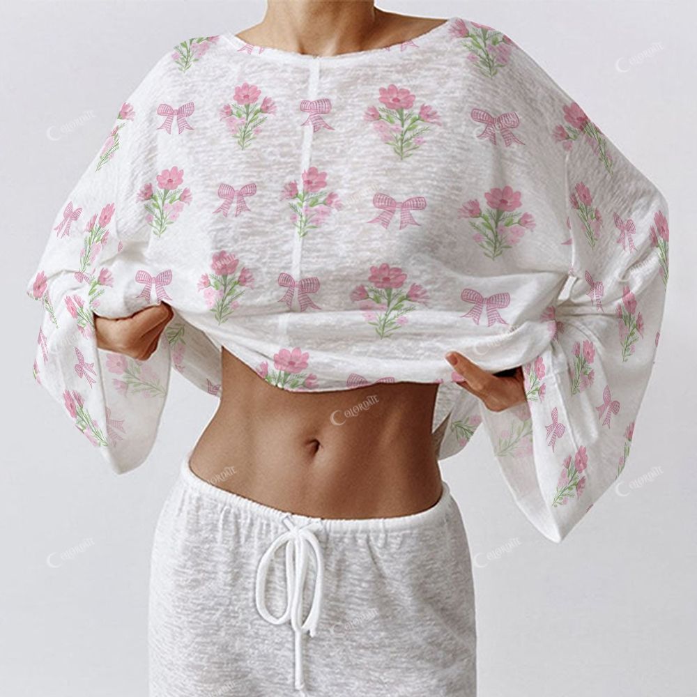 Colordate Love Whisper Women's Bows And Flower Prints Long Sleeve Cotton Homewear Set