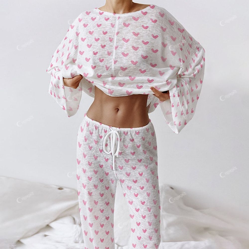 Colordate Sweetheart Dreams Women's Pink Heart Print Long Sleeve Cotton Homewear Set