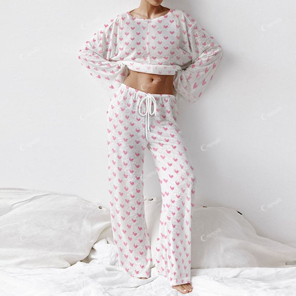 Colordate Sweetheart Dreams Women's Pink Heart Print Long Sleeve Cotton Homewear Set
