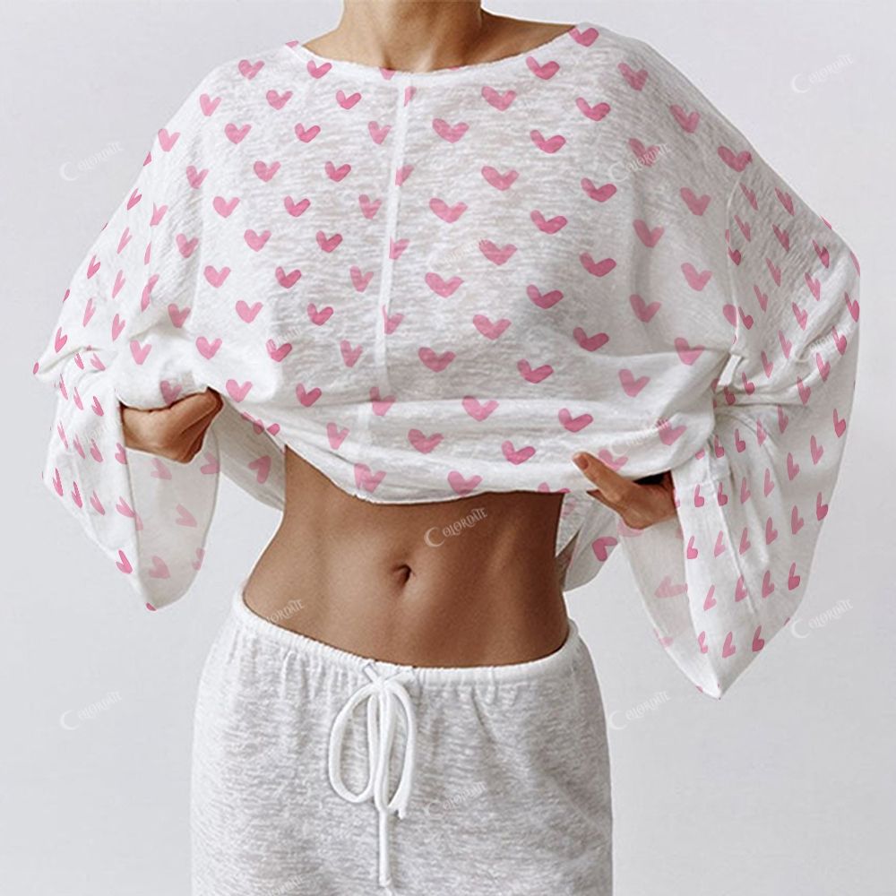 Colordate Sweetheart Dreams Women's Pink Heart Print Long Sleeve Cotton Homewear Set