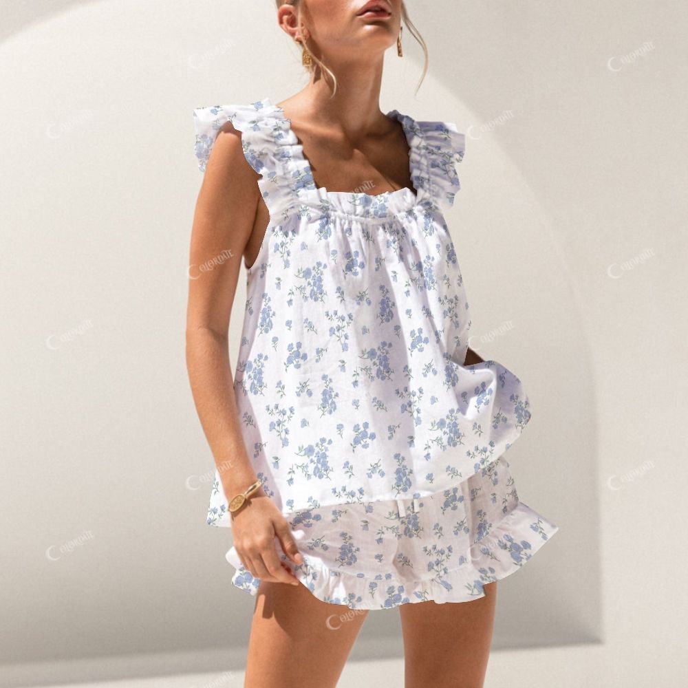 Colordate Blue Small Flower Print Short Tank Top Shorts Pajama Set
