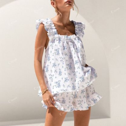 Colordate Blue Small Flower Print Short Tank Top Shorts Pajama Set