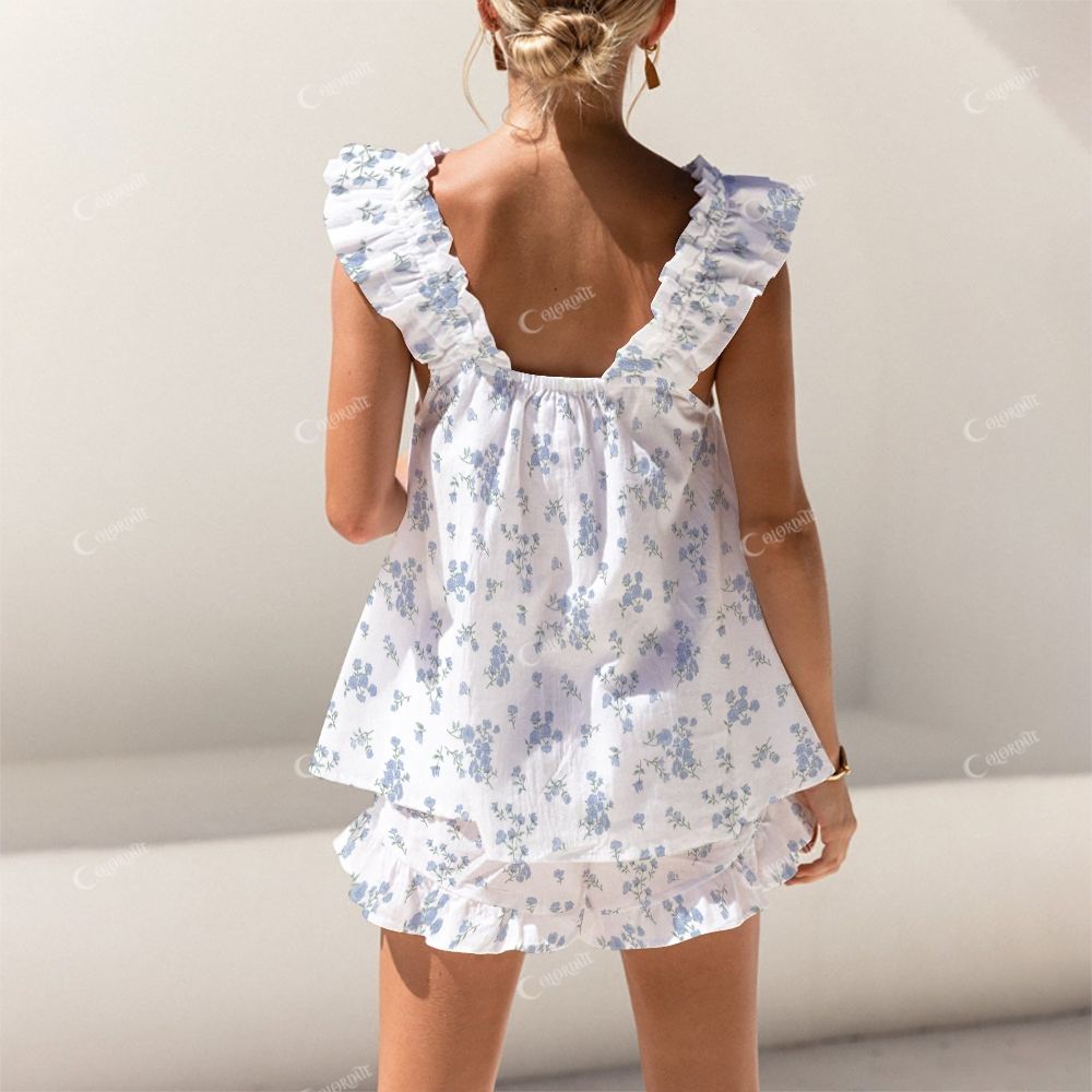 Colordate Blue Small Flower Print Short Tank Top Shorts Pajama Set