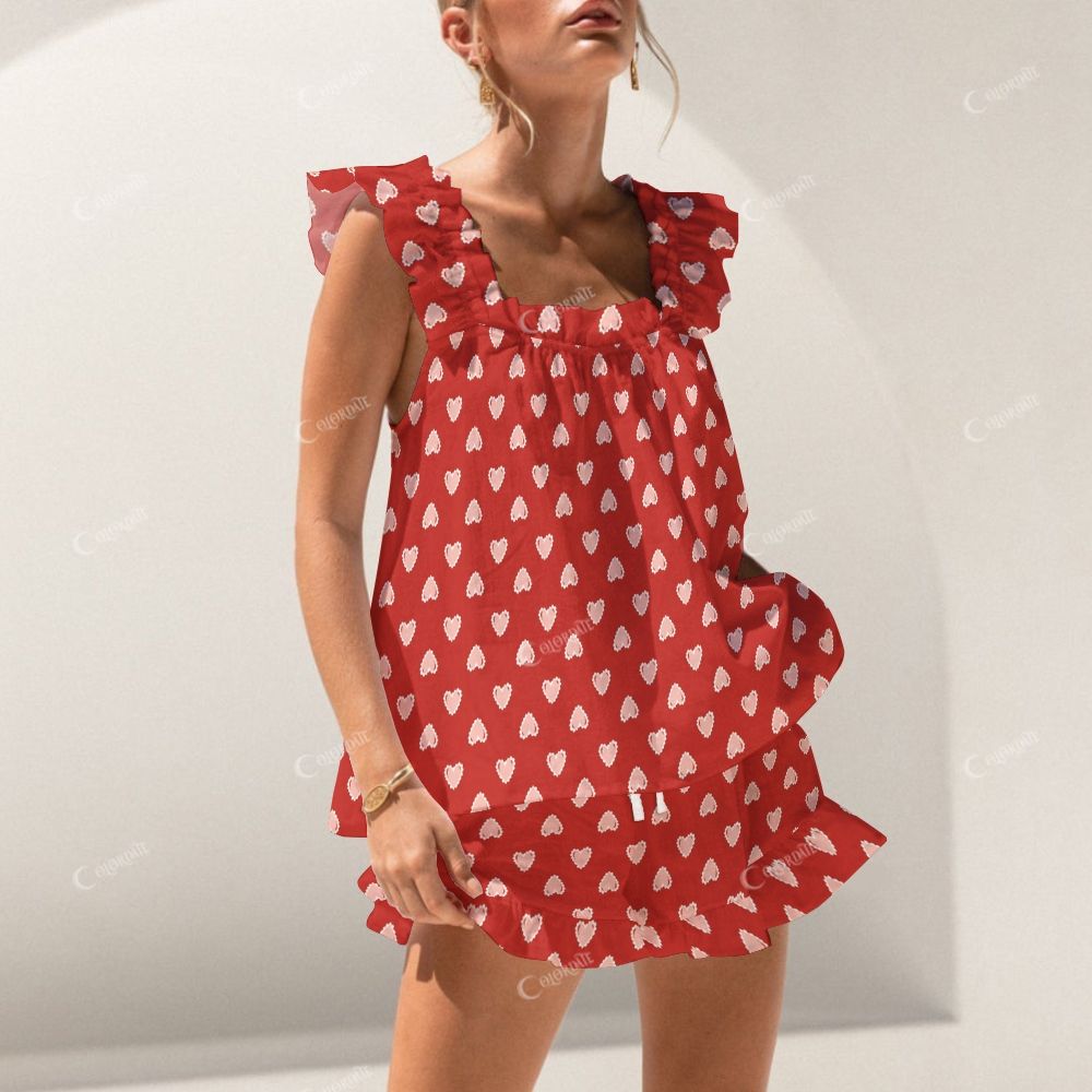 Colordate Heart Print Short Tank Top Shorts Pajama Set