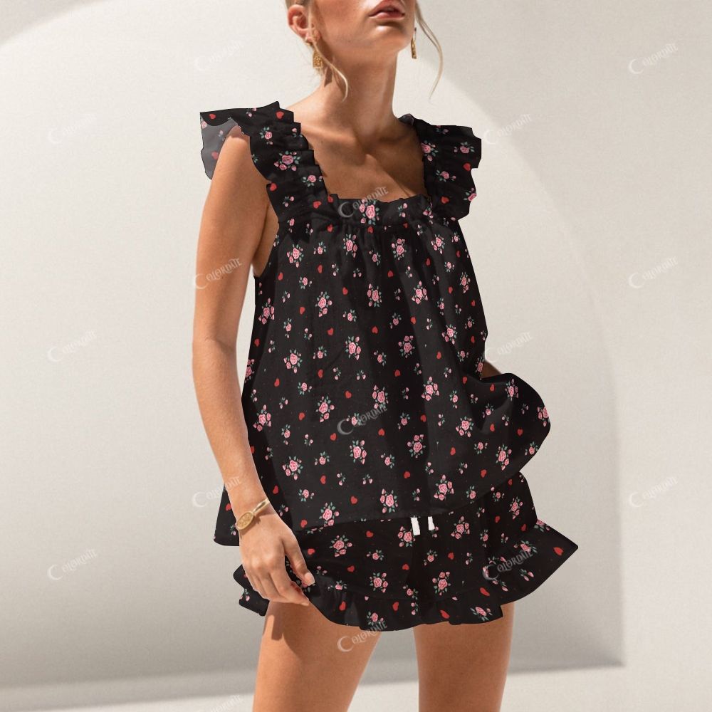 Colordate Small Flower Print Short Tank Top Shorts Pajama Set