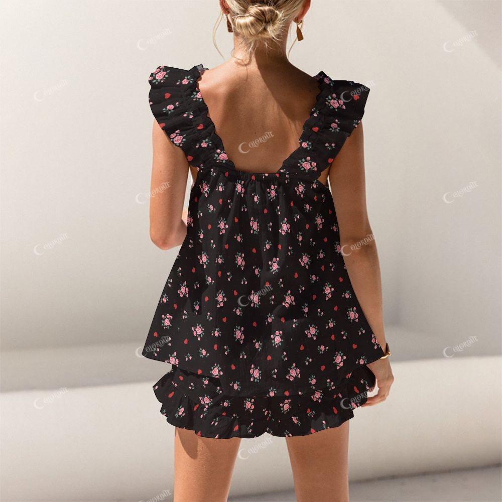 Colordate Small Flower Print Short Tank Top Shorts Pajama Set