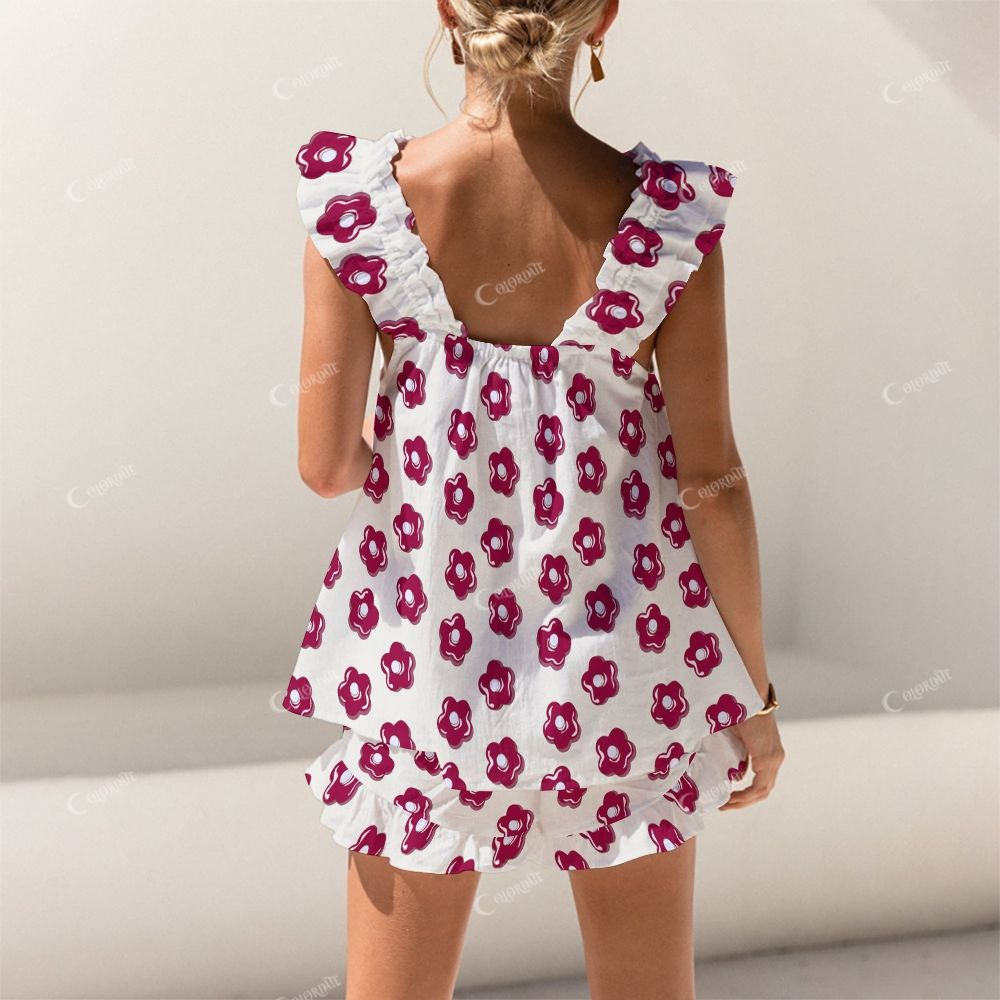 Colordate Flower Print Short Tank Top Shorts Pajama Set