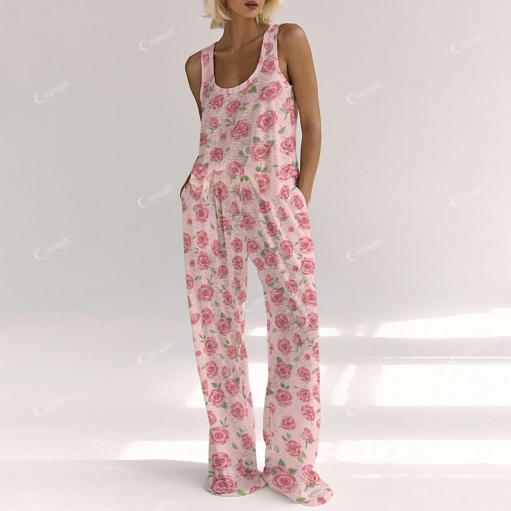 Women's Pink Flower Vest and Pants Set
