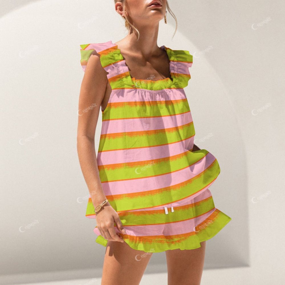 Colordate Pink And Green Striped Print Short Tank Top Shorts Pajama Set