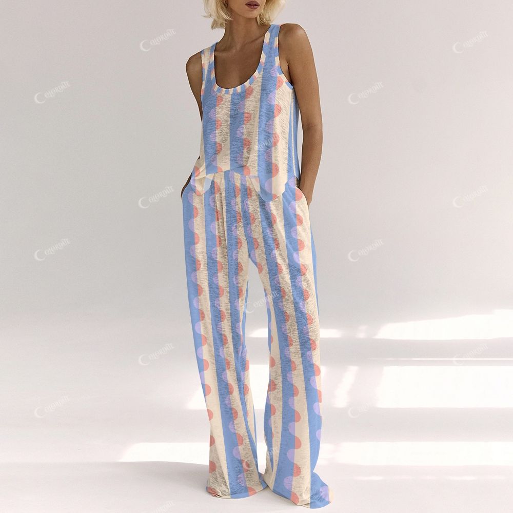 Colordate Lovely Lull Women's Blue And Yellow Striped Print Vest and Pants Set