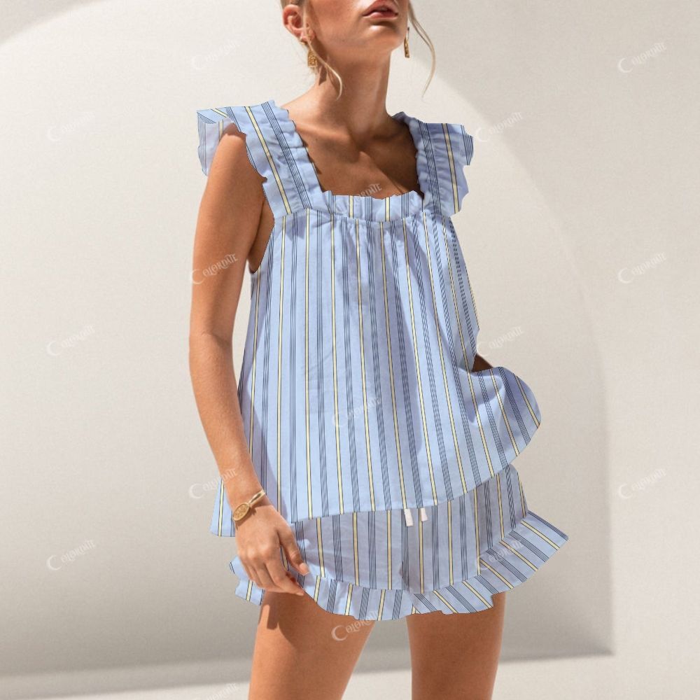 Colordate Coastal Slumber Striped Print Short Tank Top Shorts Pajama Set