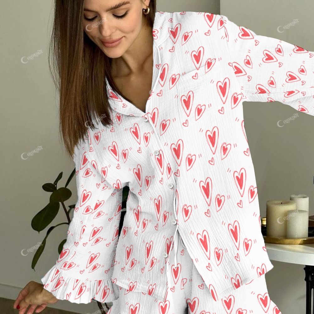 Colordate Scarlet Shadows Women's Red Heart Vintage Printed Linen Cotton Suit
