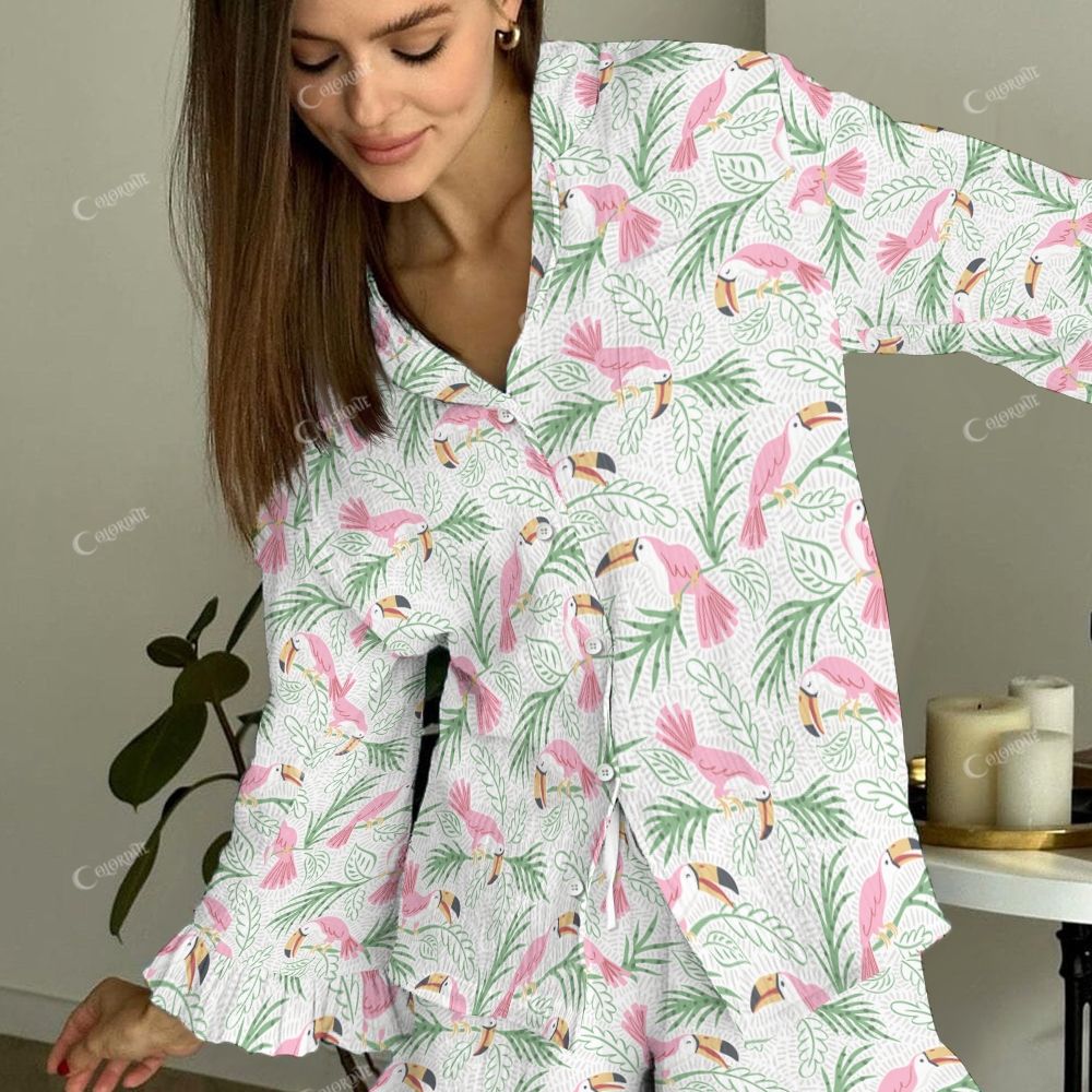Colordate Tropical Sonata Women's Birds And Plants Vintage Printed Linen Cotton Suit