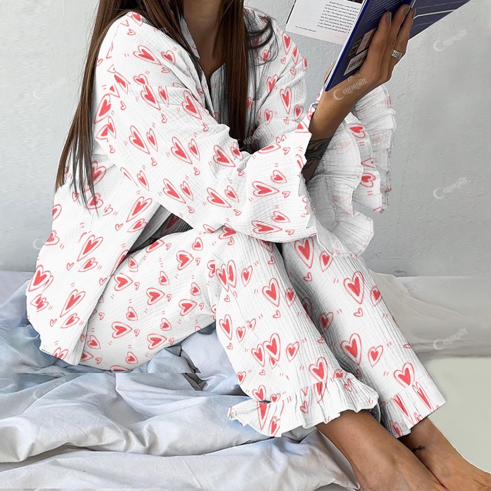 Colordate Scarlet Shadows Women's Red Heart Vintage Printed Linen Cotton Suit