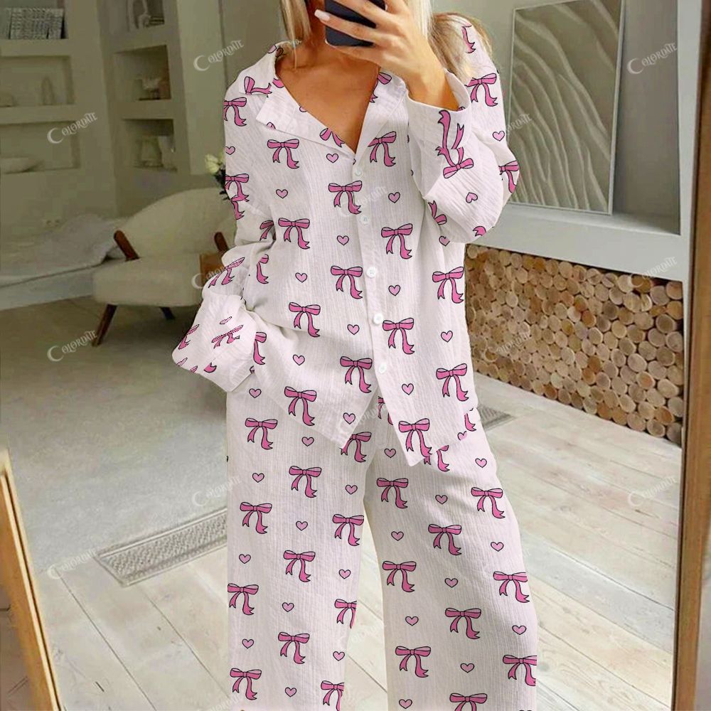 Colordate Women's Pink Bow Print Cotton Cardigan Homewear Set