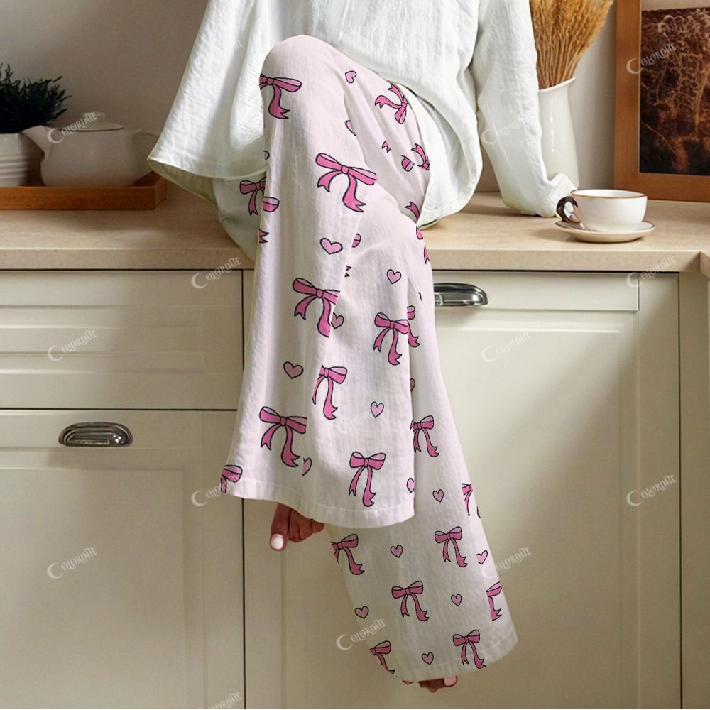 Colordate Women's Pink Bow Print Cotton Cardigan Homewear Set