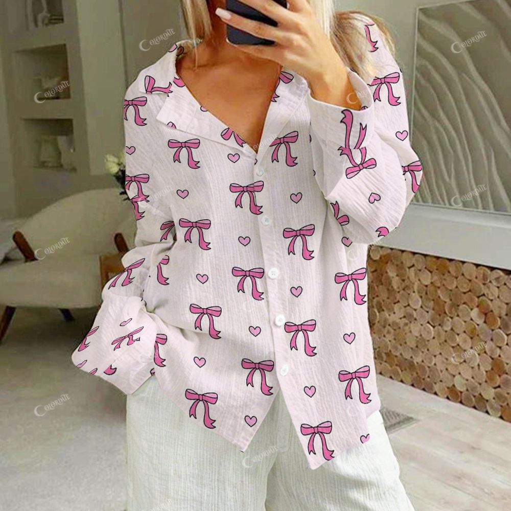 Colordate Women's Pink Bow Print Cotton Cardigan Homewear Set
