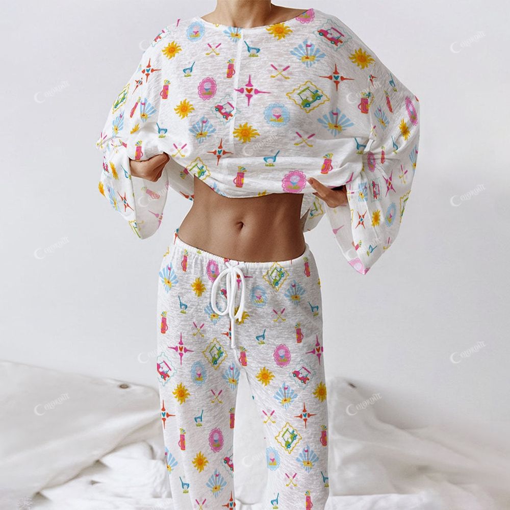 Colordate Swing & Sunflowers Women's Golf Ball Print Long Sleeve Cotton Homewear Set