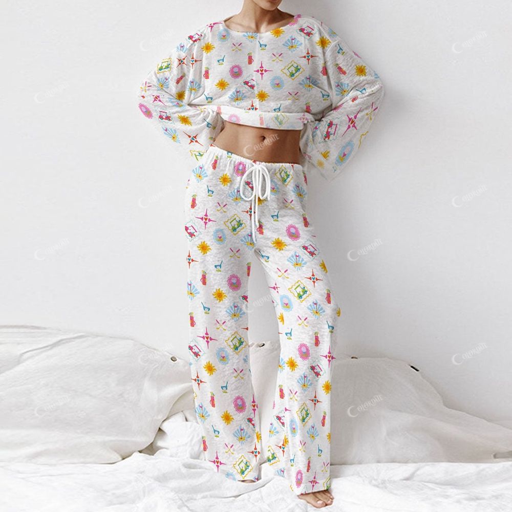 Colordate Swing & Sunflowers Women's Golf Ball Print Long Sleeve Cotton Homewear Set