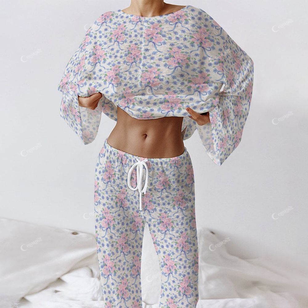 Colordate Women's Pink And Blue Flower Prints Long Sleeve Cotton Homewear Set