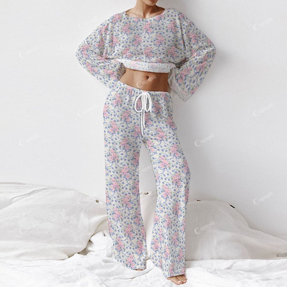 Colordate Women's Pink And Blue Flower Prints Long Sleeve Cotton Homewear Set