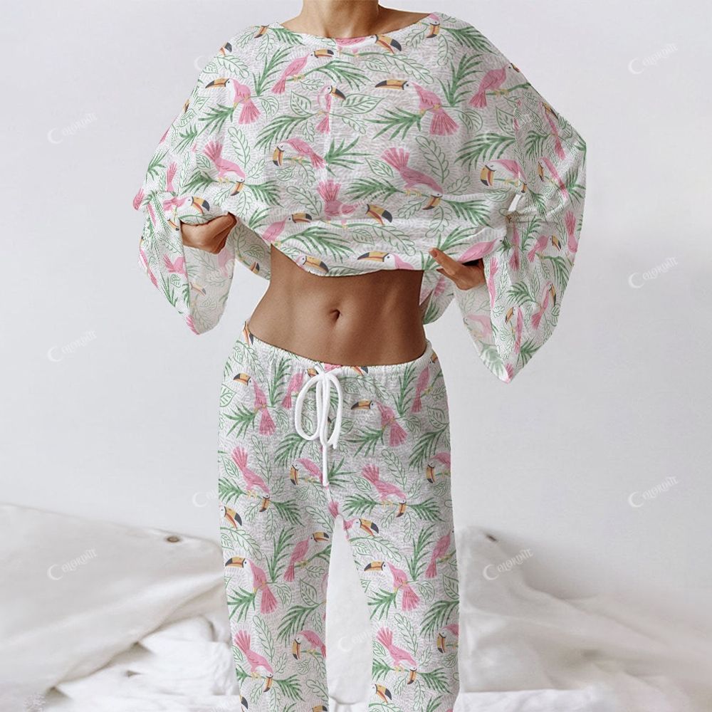 Colordate Tropical Sonata Women's Bird And Plant Prints Long Sleeve Cotton Homewear Set