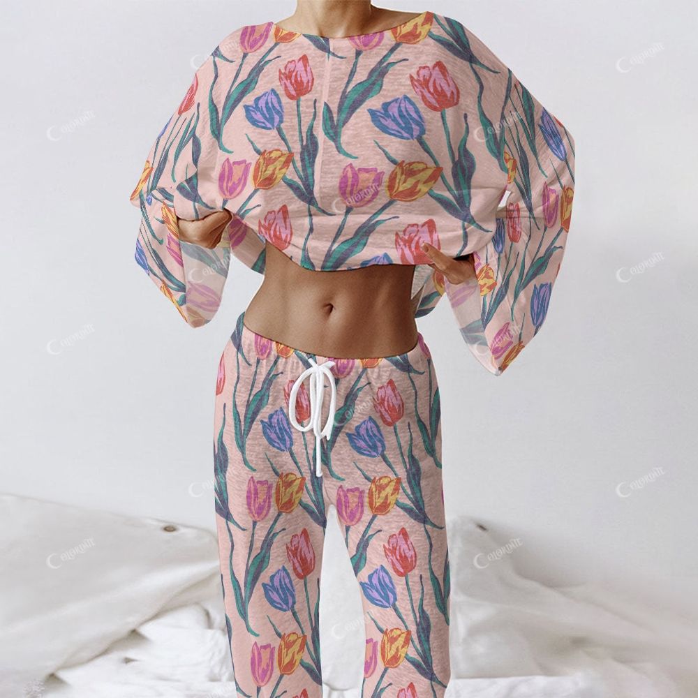 Colordate Women's Tulip Print Long Sleeve Cotton Homewear Set
