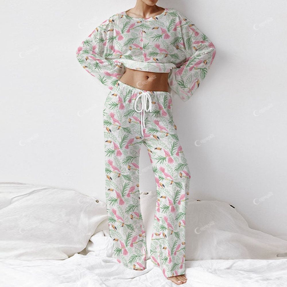 Colordate Tropical Sonata Women's Bird And Plant Prints Long Sleeve Cotton Homewear Set