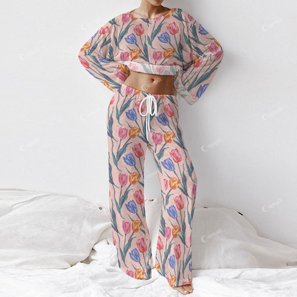 Colordate Women's Tulip Print Long Sleeve Cotton Homewear Set