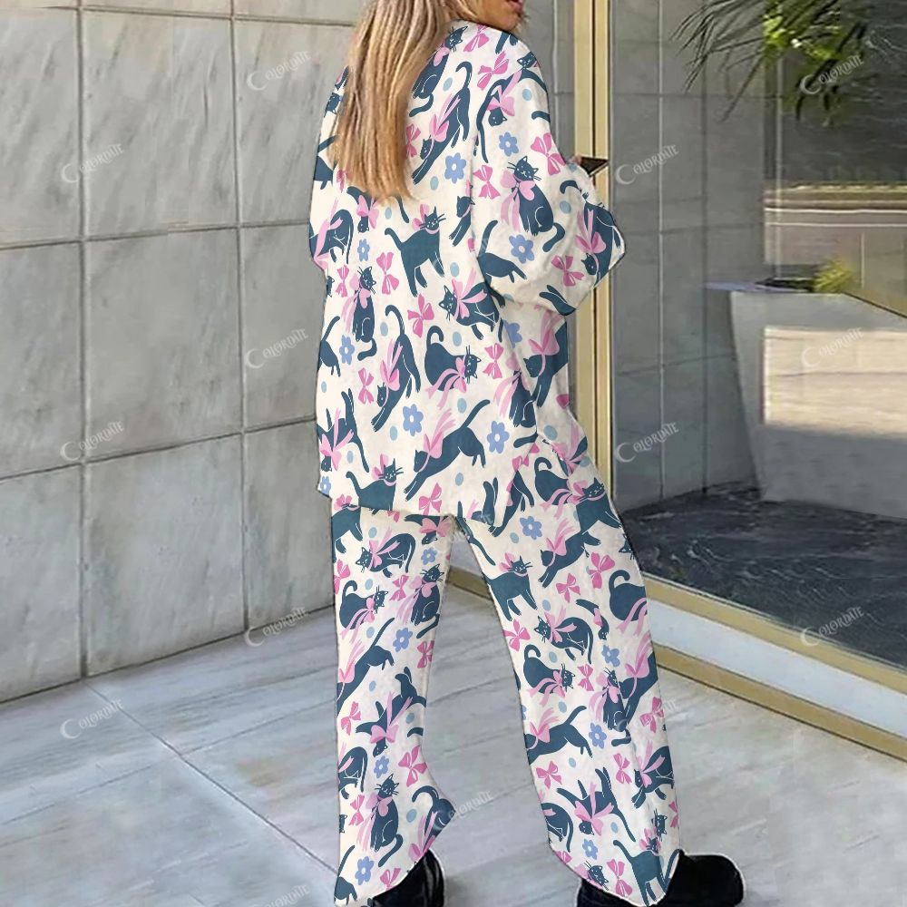 Colordate Midnight Meows A Kitten Print With A Bow Loungewear Set For Women
