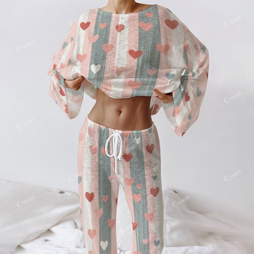 Women's Colorblock Stripe Heart Long Sleeve Cotton Homewear Set